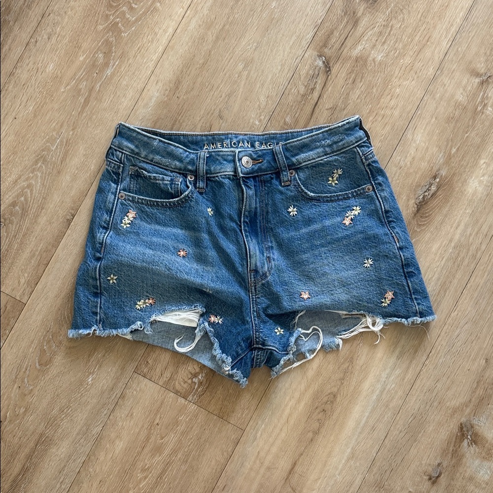 American Eagle Outfitters Blue Distressed Denim Floral Embroidered Shorts